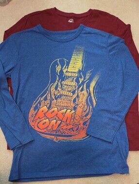 Set Of 2- Long-Sleeve Graphic Tees Burgundy Yellow Print, Blue With Guitar Print